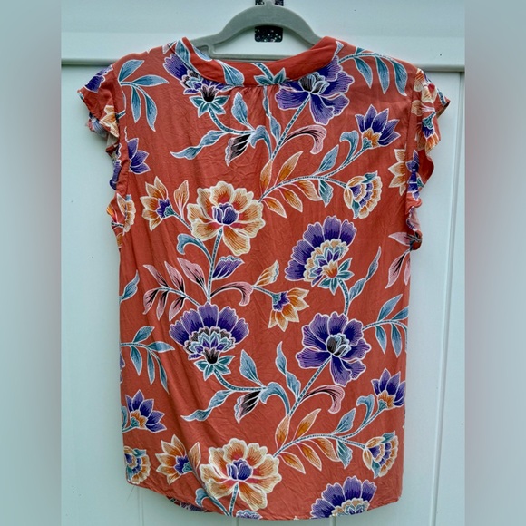 Rose & Thyme V-Neck Short Flutter Sleeve Peach Floral Top, Size Large, NWOT Boho - Picture 3 of 5